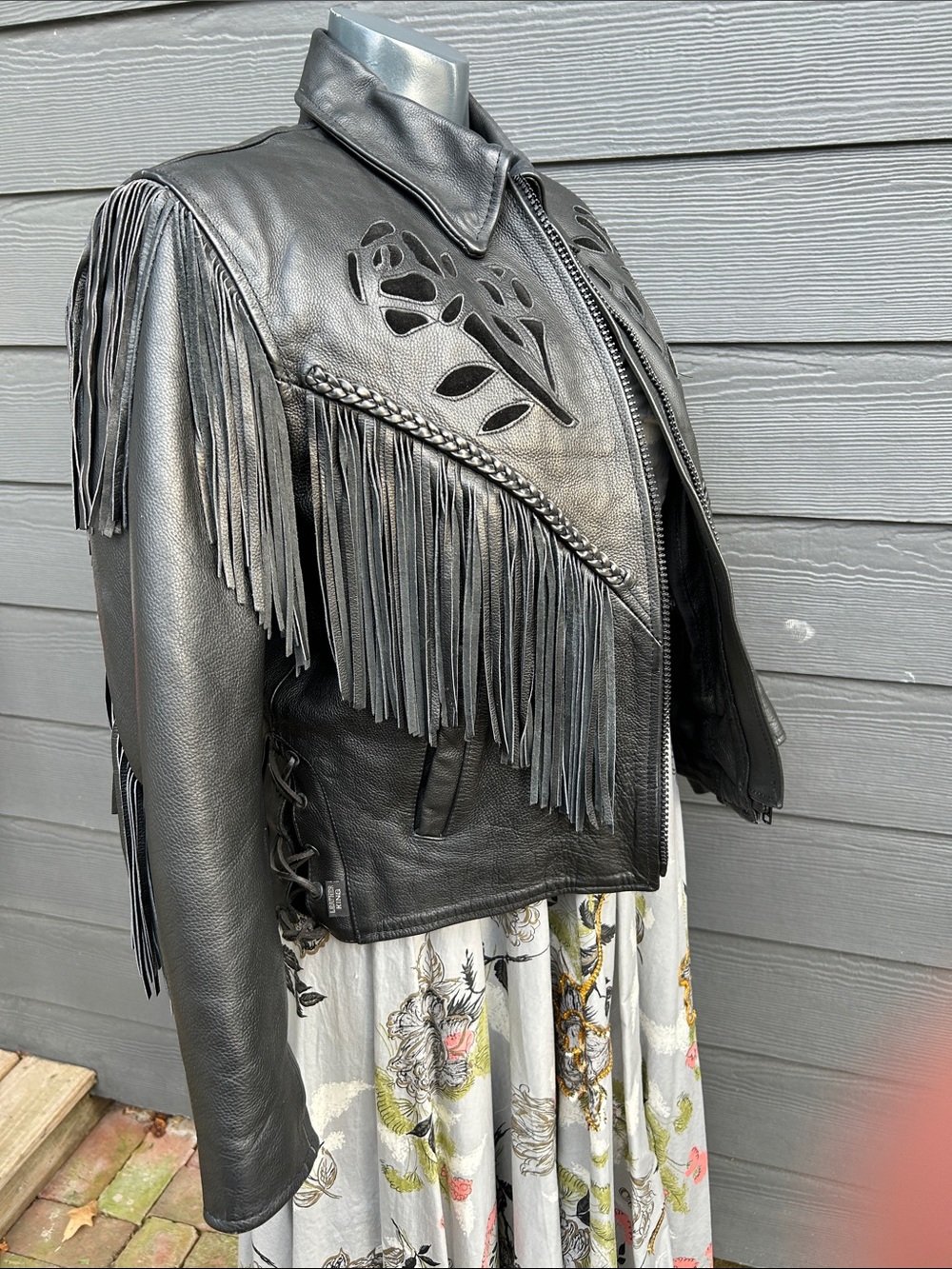 Black Leather Fringe Jacket with Cutout Floral Detail - Picture 4 of 16